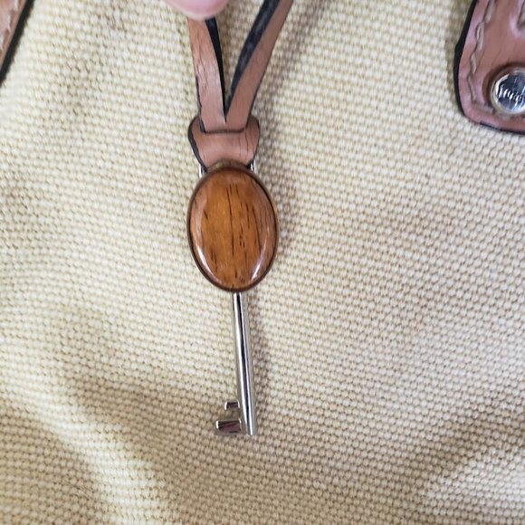 Fossil Womens Satchel Brown Fabric & Leather Braid Handles Key Charm Modern Vtg - Picture 7 of 16